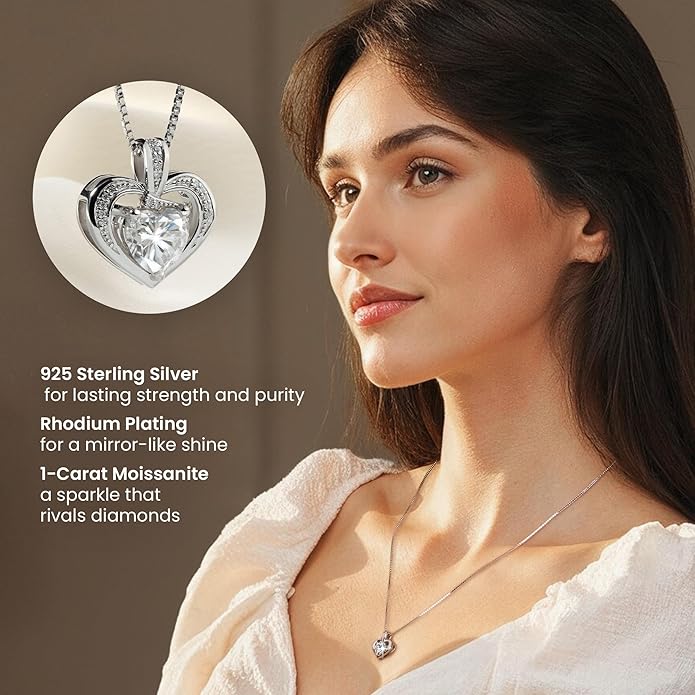 Moissanite Heart Necklace - 925 Sterling Silver Necklaces for Women | Birthday Gifts for Women, Christmas Gifts for Her, Jewelry Gift for Wedding, Anniversary, Valentine's Day Gift for Wife