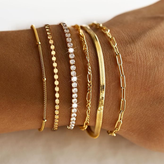 DEARMAY Waterproof Gold Plated Bracelets Set for Women Trendy, Dainty 14K Gold Jewelry Fashion Stackable Tennis Beaded Figaro Herringbone Paperclip Link Bracelet Pack Stack Gifts for Women