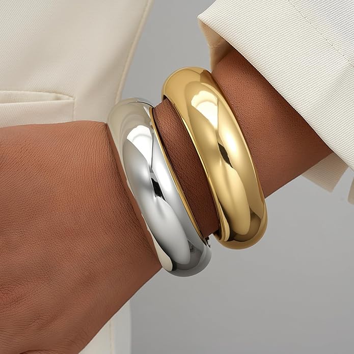 Gold Silver Bangles Bracelet for Women Trendy, 14K Gold Plated Dainty Thick Chunky Cuff Bracelet Stack
