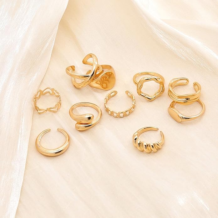 FUTIMELY 14K Gold Stackable Knuckle Rings Set for Women Teen Girls,Aesthetic Silver 10Pcs Trendy Dainty Open Midi Rings Set,Midi Finger Rings Pack Jewelry Gifts