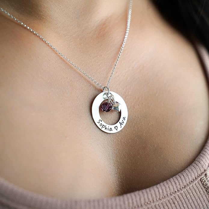 AJ's Collection Love Display with Personalized Sterling Silver Round Washer, Hand Finished. Includes up to 4 Crystal Birthstones or Pearls, and a choice of 925 Chain. Gift for Her