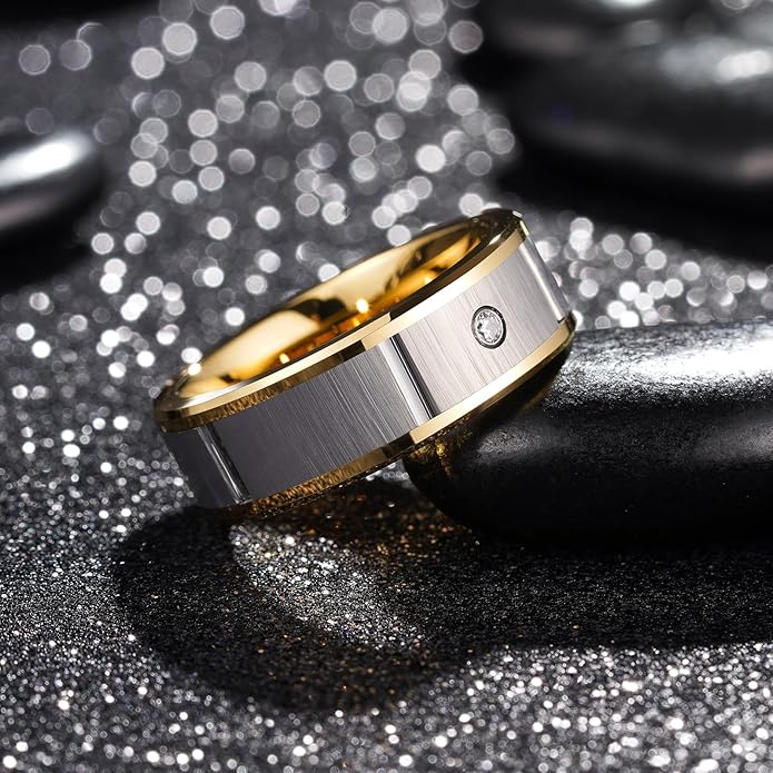 King Will Mens Tungsten Wedding Band with Cubic Zircon Inlay 7mm/8mm Flat Cut Comfort Fit Engagement Rings