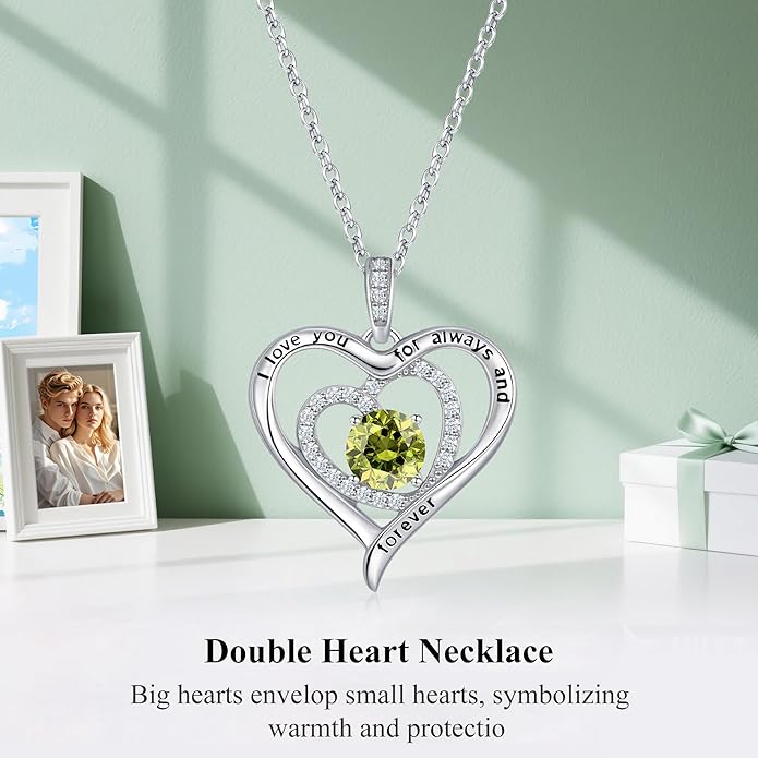 S925 Sterling Silver Necklace for Women, Christams Gift for Women, Love Heart Birthstone Necklaces for Women, Wife Jewelry, Mom Birthday Valentines Mothers Day Gifts, Girlfriend Necklaces, Daughter Heart Jewel, Anniversary for Her