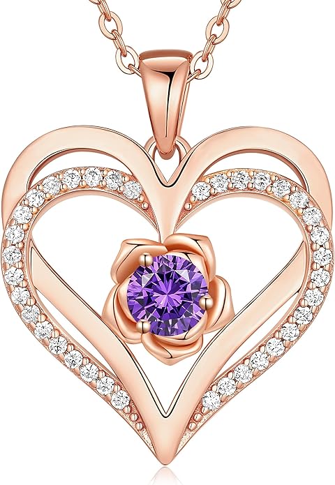 CDE Christmas Gifts for Women S925 Silver Rose Gold Heart Birthstone Necklaces for Women，Ideal Anniversary or Birthday Jewelry Gifts for Wife Girlfriend Her