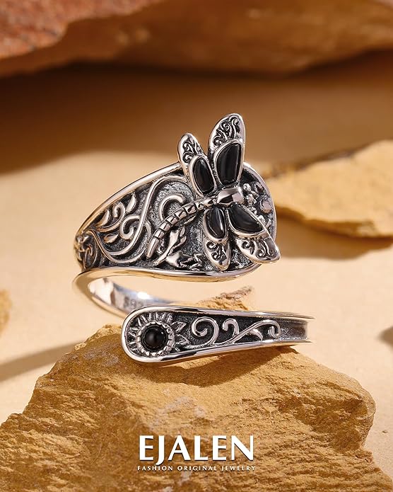 S925-Sterling-Silver Abalone Dragonfly-Turquoise Spoon Ring - Vintage Boho Sunflower Thumb Oxidized Wrap Rings Victorian Style Antique Floral Jewelry Gifts for Women