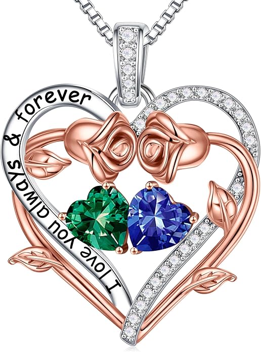 Iefil Rose Heart Double Birthstone Necklace Gifts for Wife Her Mom Women, Birthstone Jewelry Gemstone Birthday Gifts for Girlfriend Grandma Her Wife Women