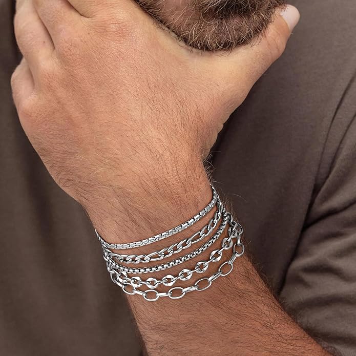 Yoosteel Mens Bracelets - Silver Chain Bracelet Stainless Steel Cuban Link Stack Bracelets Sturdy Rope Paperclip Chains Set 7.5/8.3/9 inches Trendy Jewelry for Men