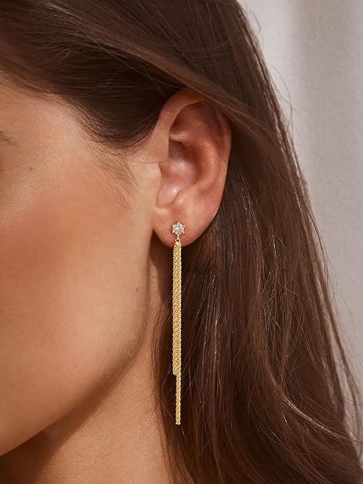Moodear Dangle Earrings 14K Gold Plated Chain Earrings for Women Trendy Dainty Hypoallergenic Long Chain Drop Tassel CZ/Pearl Earrings Wedding Jewelry Gift