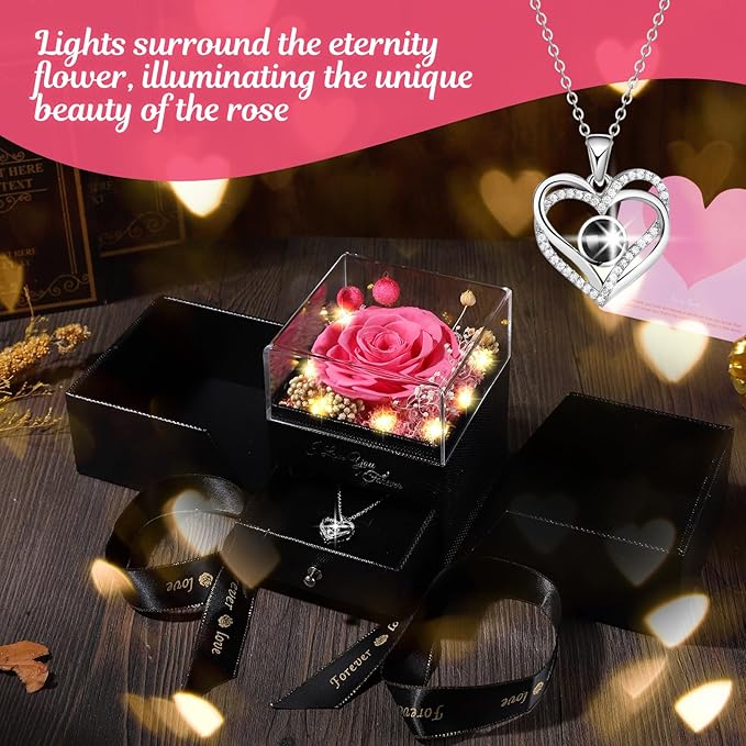 Preserved Pink Real Rose Flowers in Box with I Love You in 100 Languages Necklace - Unique Gift for Women Mom Wife Girlfriend on Mother's Day Valentine's Day, Birthday, Christmas