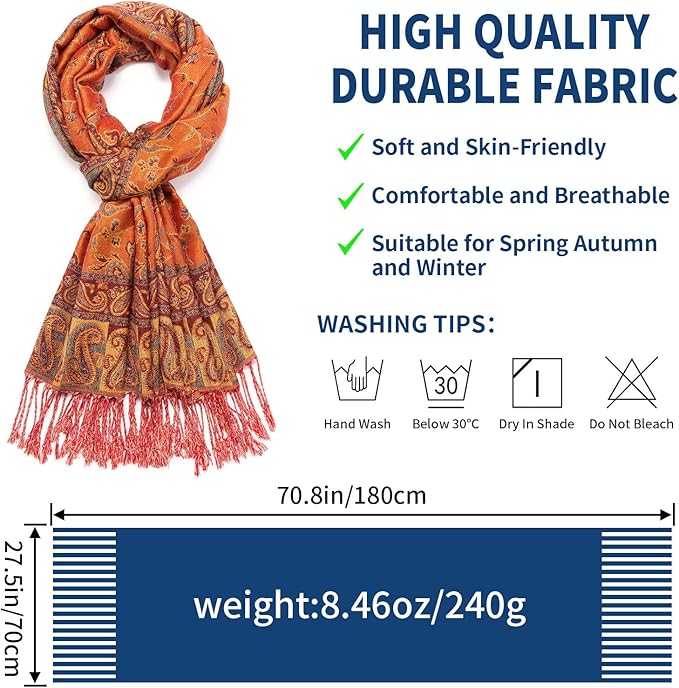 QIUTIMIY Paisley Pashmina Shawl Wrap Women Reversible Vintage Jacquard Pashmina Rave Scarf with Fringe for Evening, Wedding