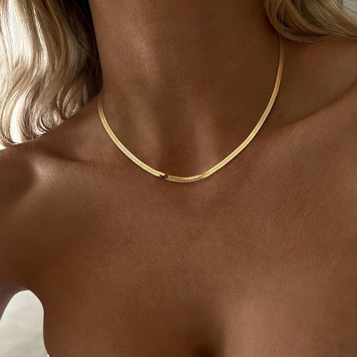 CHESKY 14K Gold/Silver Plated Snake Chain Necklace Herringbone Necklace Gold Choker Necklaces for Women Gifts Jewelry 1.5/3/5MM(W) 14"/16"(L)