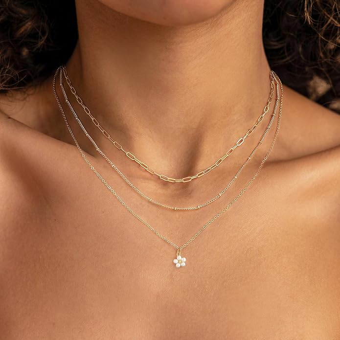 Layered Necklace for Women 14K Gold Plated Dainty Paperclip Herringbone Pearl Cross Pendant Necklace Stack，Layering Chain Cuban Figaro Rope Chain Choker Trendy Gold Jewelry Gift