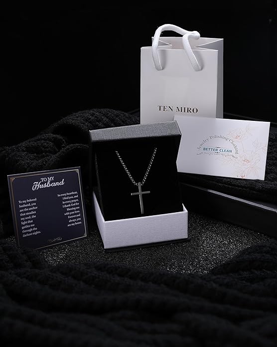 TEN MIRO Silver/Black Cross Necklace for Men Boy Stainless Steel Cross Pendant Necklace for Men Christian Religious Jewelry with Box & Card Birthday Anniversary Christmas Father's Day Gifts for Him