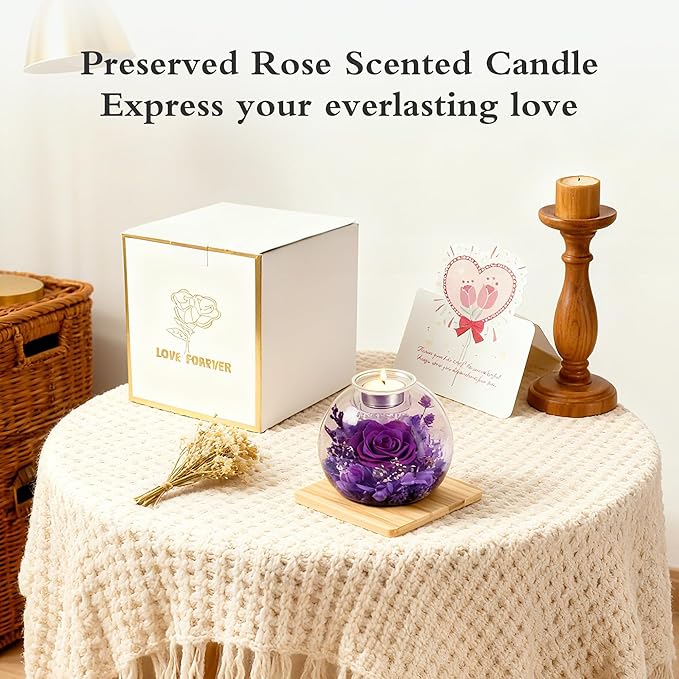 Forever Real Roses in Glass with Scented Candle, Christmas Gift Ideas Preserved Flower Christmas Gifts for Women Her Girlfriend Wife Mom on Valentines Birthday Anniversary Purple