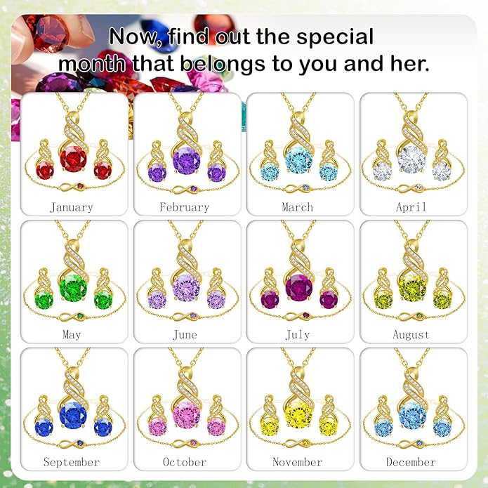 HNPHQT Jewelry Sets for Women-18K Gold Plated Dainty Birthstone Pendant,Trendy Necklace Earrings Infinity Bracelets Set,Ideal Jewelry Gifts for Her Mom