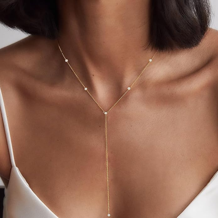 Foxgirl Lariat Gold Necklace for Women, Dainty Long Necklace 14k Gold Plated/Silver Y-Shaped Pendant Necklace Trendy Layered Cz Beaded Chain Drop Necklaces Simple Gold Jewelry For Women Gift