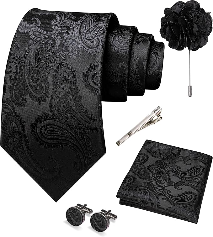 JEMYGINS Mens Paisley Tie and Pocket Square,Lapel Pin,Cufflinks,Tie Clip Sets with Gift Box 5PCS