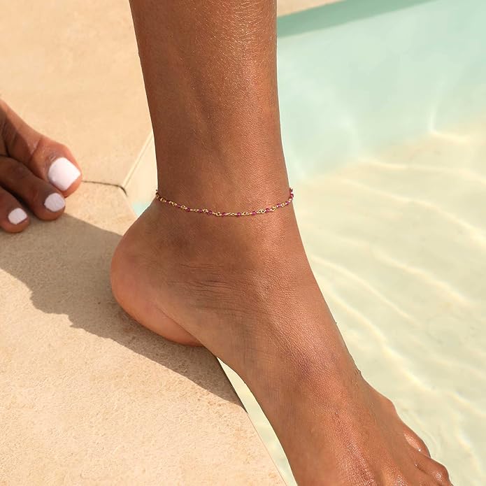 MTMY Gold Anklets for Women 14K Gold Plated Tiny Bead Anklet Colorful Tassel Foot Chain Dainty Adjustable Cute Summer Beach Boho Anklets Jewelry Gift