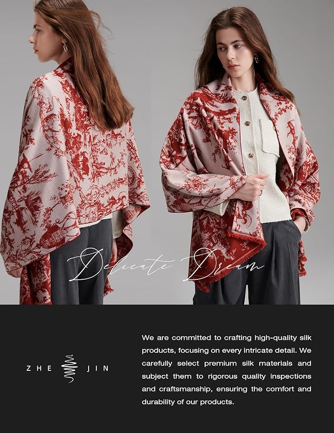 ZHE JIN Luxurious Silk Scarf Shawl Wraps for Women, Warm Scarves Winter Gift, 100% Brushed Mulberry Silk
