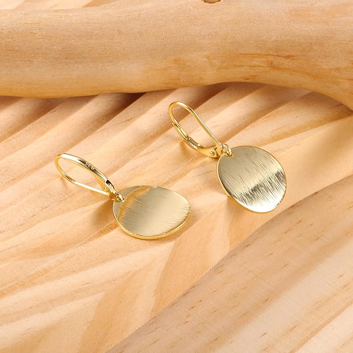 14K Gold Dangle Earrings for Women，Lightweight Circle Disc Coin Geometric Flat Brushed Drop Earrings, Hypoallergenic Leverback Earrings S925 Jewelry