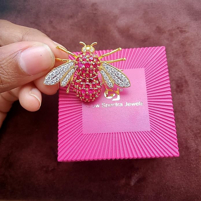 2Ct Round Cut Red Ruby & White Diamond Honey Bee Brooches Pin 14K Yellow Gold Plated