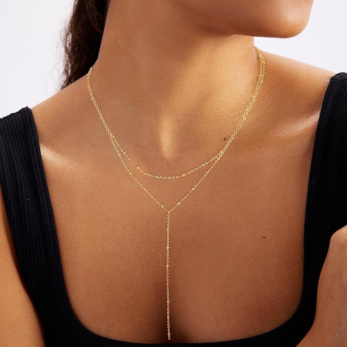 Foxgirl Lariat Gold Necklace for Women, Dainty Long Necklace 14k Gold Plated/Silver Y-Shaped Pendant Necklace Trendy Layered Cz Beaded Chain Drop Necklaces Simple Gold Jewelry For Women Gift