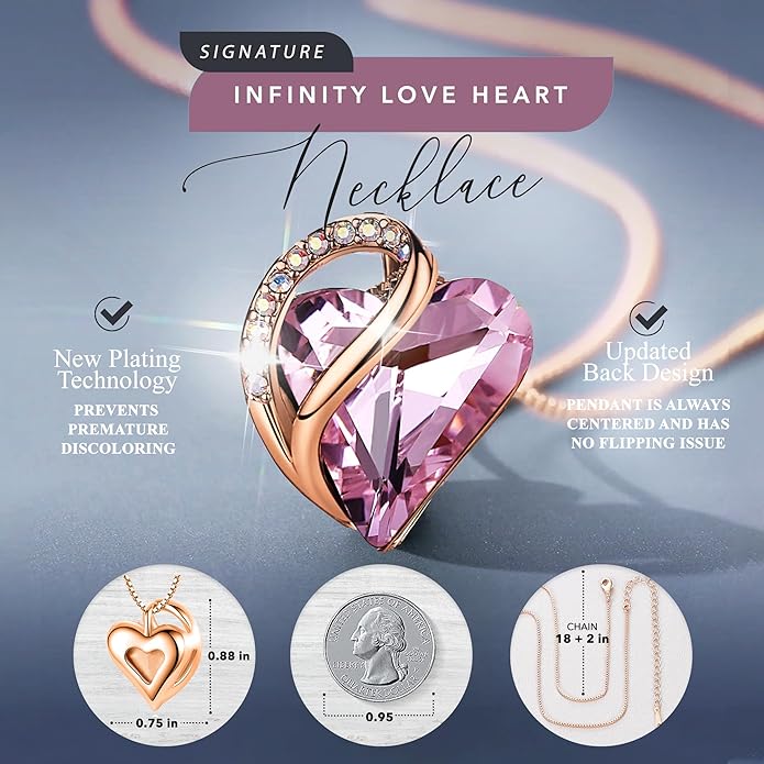 Leafael Rose Gold Plated Necklace for Women: Heart Shaped Birthstone/Healing Crystals Center, Dazzling Cubic Zirconia, Hypoallergenic Chain (18"+2"), Jewelry Gifts for Anniversaries and Birthdays