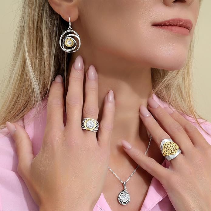 Jean Rachel Jewelry - Artistic Mixed Metal Two Tone Earrings for Women – CZ Dangle Earrings – 925 Sterling Silver & 14K Gold Over Silver – Hypoallergenic Statement Design