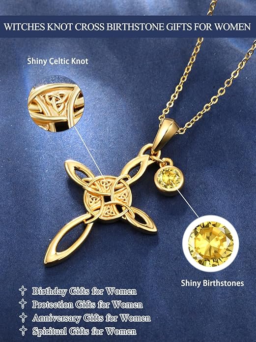 Witches Knot Necklace for Women, 14K Gold Celtic Knot Cross Jewelry with Triquetra Trinity with Birthstone Pendant, Birthday Witchy Spiritual Gifts for Her Wife Mom Grandma, 18+2 Inch Chain