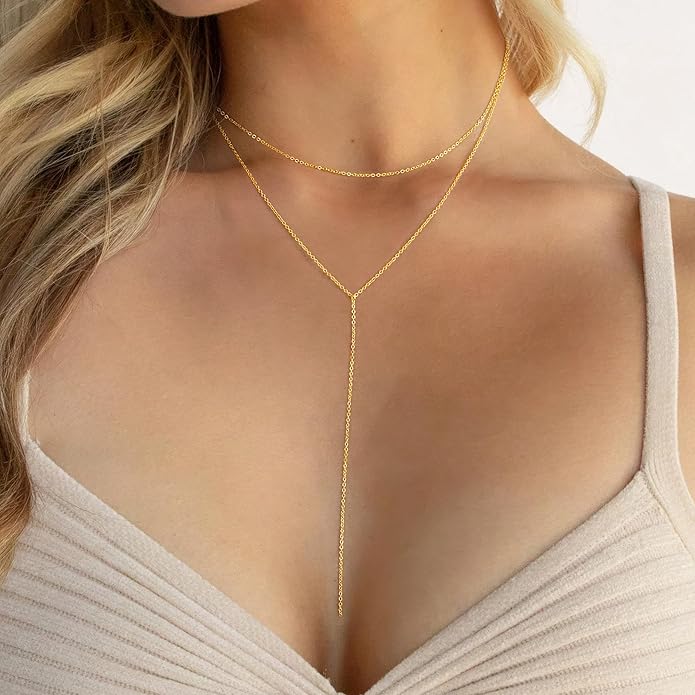 Yoosteel Long Lariat Necklace for Women - Dainty Y-Shaped Necklaces 14K-Gold-Plated Drop Chain Simple Jewelry Trendy Gifts for Women