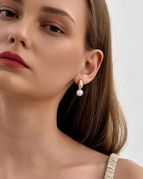 CHESKY Pearl Earrings for Women, Dainty 14K Gold Plated/Silver Plated Drop Quality Handpicked AAA+ Freshwater Cultured Round Pearls Dangle Earrings Wedding Jewelry for Women Gifts