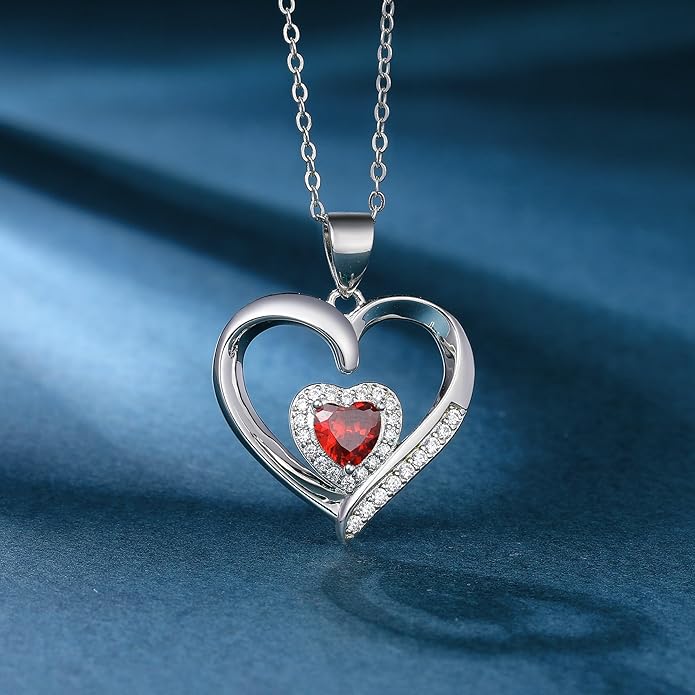 GLIVEOR Heart Birthstone Necklace for Women,S925 Sterling Silver Necklace Birthstone Necklace Heart Necklace for Women Birthday Jewelry Gifts for Women