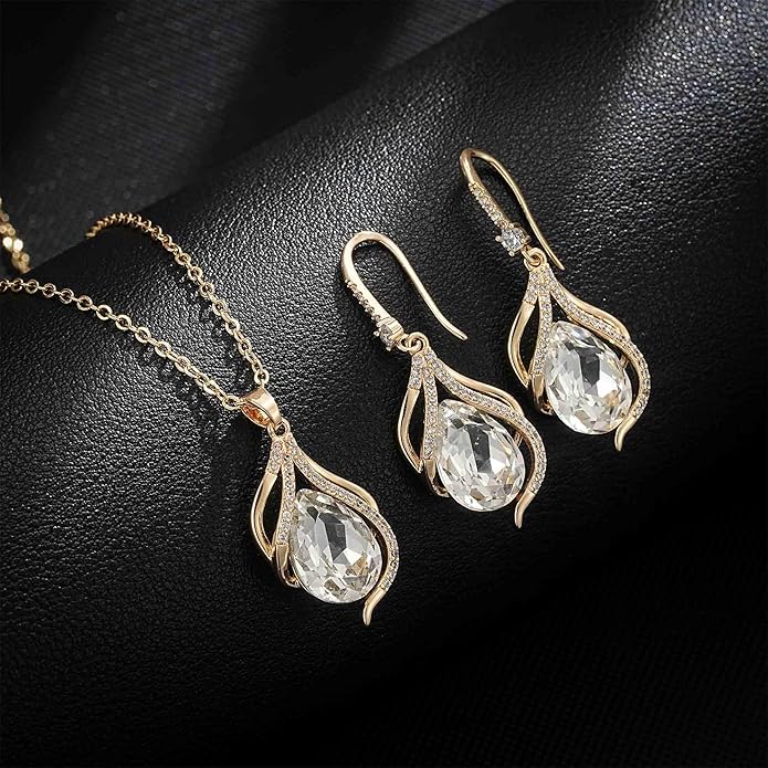 EVEVIC Austrian Crystals Teardrop Hollow Twisted Pendant Necklace Earrings for Women 14K Gold Plated Halo Drop Dangle Earrings Hypoallergenic Jewelry Set