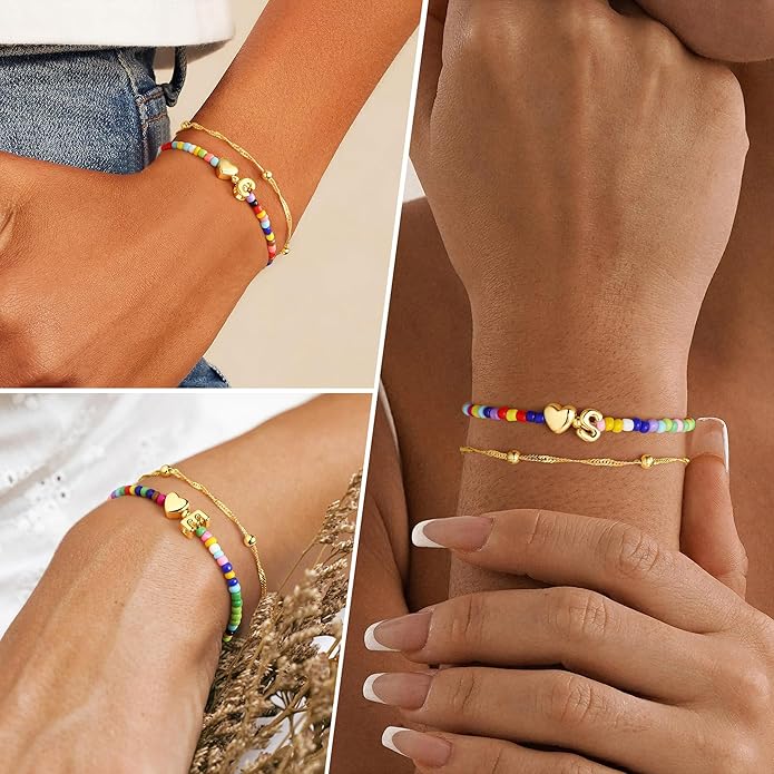 Ursteel Colorful Initial Heart Bracelets for Women - 14K Gold Plated Beaded Letter A-Z Bracelet, Layered Stretch Initial Bracelets, Women Trendy Bohemian Jewelry Birthday Gifts