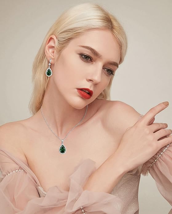 Sumonyo Women Jewelry Set Silver/Gold Plated Teardrop Pendant Necklace Dangle Drop Earrings Dangling Sets Birthstone Crystals Rhinestone,Birthday Anniversary Wedding Mother’s Day Gifts for Women