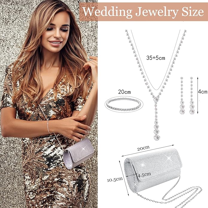 Silver Prom Jewelry Set for Women Rhinestone Necklace Dangle Earrings Bracelet Clutch Purse Silver Accessories Bride Bridesmaid Crystal Bridal Jewelry for Wedding Engagement Party Prom Accessories