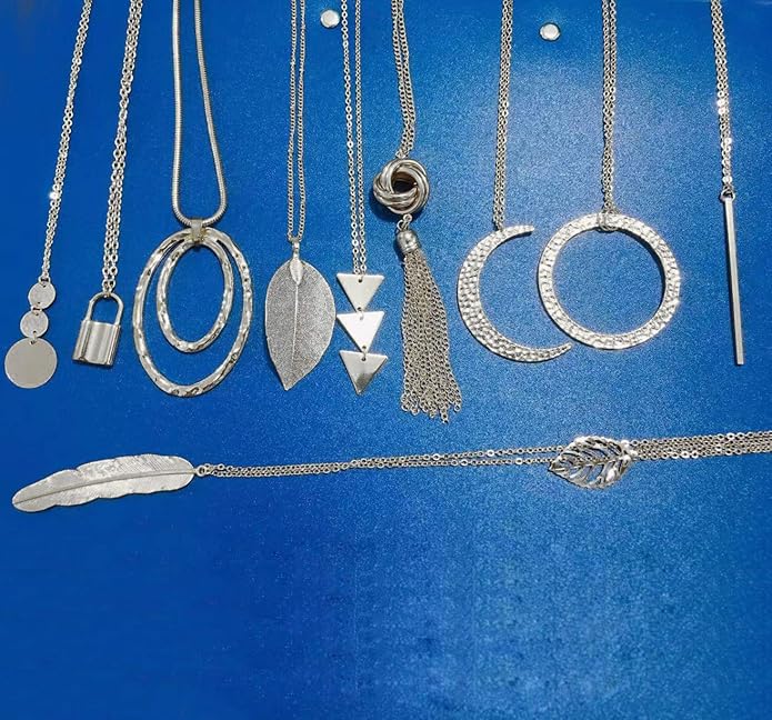 10Pcs Long Pendant Necklace Simple Moon Bar Three Triangle Tassel Lock Sweater Y Shape Punk Chain Choker Necklace for Women Men Gold Silver Plated