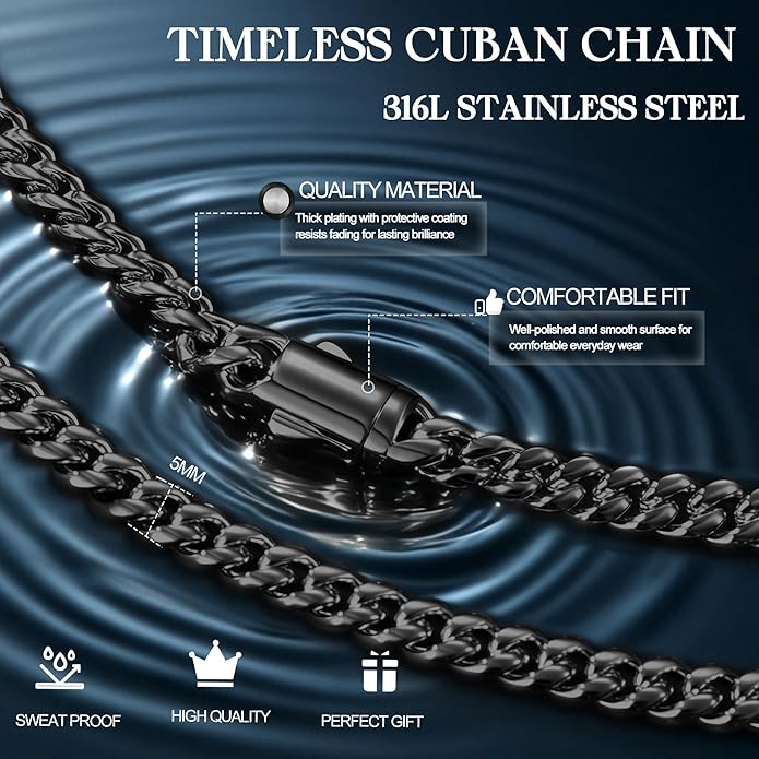 MUSECLOUD Gold Cuban Link Chain for Men Mens Stainless Steel Miami Curb Chains Necklace 5/8mm Thick Real Gold/Silver/Black Plated Diamond Cut Non-Tarnish Jewelry Trendy Christmas Gifts 18-26 Inch