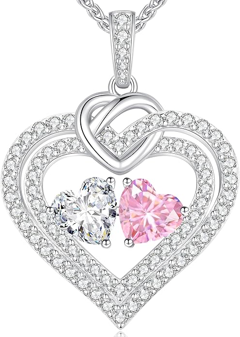 LOUISA SECRET Sparkling Double Heart Birthstone Necklaces for Women, 925 Sterling Silver Fine Jewelry, Pendant Heart Necklaces Birthday Anniversary Christmas Gift for Women Wife Mom Girlfriend Lady