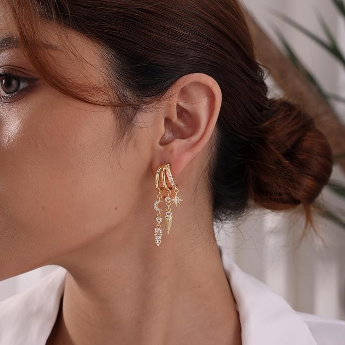 Dangle Earrings for Women,14k Gold Plated Triple Huggie Stud Earrings Dainty Drop Earrings for Women Trendy Gold Statement CZ Long Chain Earrings Non Tarnish Jewelry