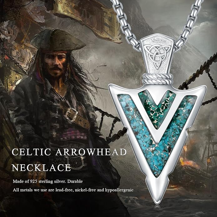 Suiknsn Arrowhead Necklace for Men Women 925 Sterling Silver Turquoise Malachite Celtic/Eye of Horus/Viking Arrow Pendant Amulet Jewelry Gifts Native American Necklace