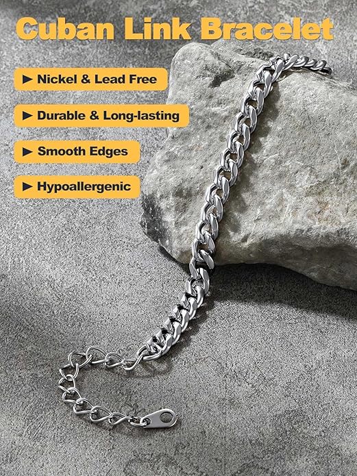 U7 Link Bracelets for Men, Cuban Link/Rope/Watch Band Solid Bracelet, Silver Black Gold Color Wrist Bracelet 3/6/9/12/15mm Width, 6.5/7.5/8.3 Inch Length, Hand Chain Jewelry for Mens Women