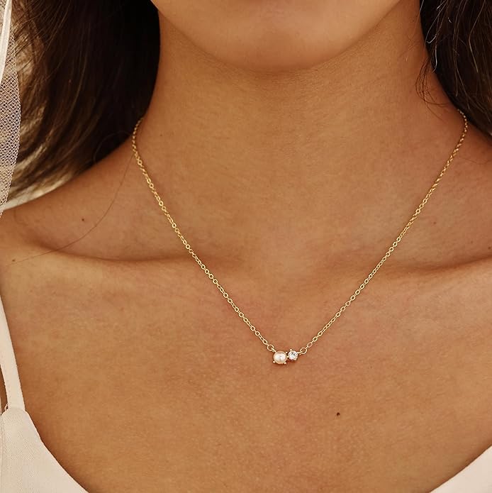 Pearl Necklace for Women Trendy,14k Gold Plated Necklace Dainty Wedding Necklace Small Cute Choker Necklace Beaded Lariat Drop Necklace Vintage Waterproof Jewelry for Women Gold Jewelry Fashion Gifts