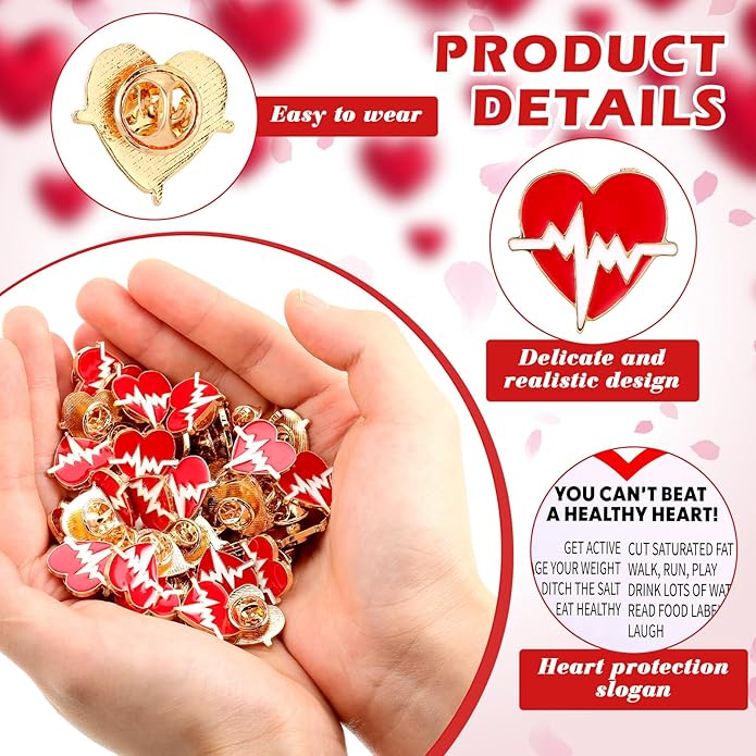 Geyoga Heart Pins on Card Heart Disease Awareness Brooches Red Disease Nurse Pins Healthcare Cards