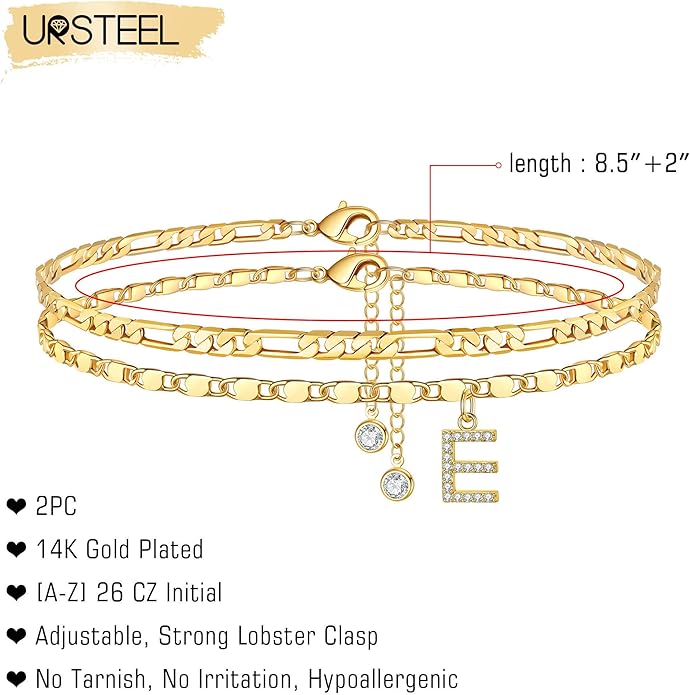 Ursteel Ankle Bracelets for Women, 14K-Gold-Plated Dainty Layered Chain CZ Initial Anklets Set Summer Jewelry Gifts for Women