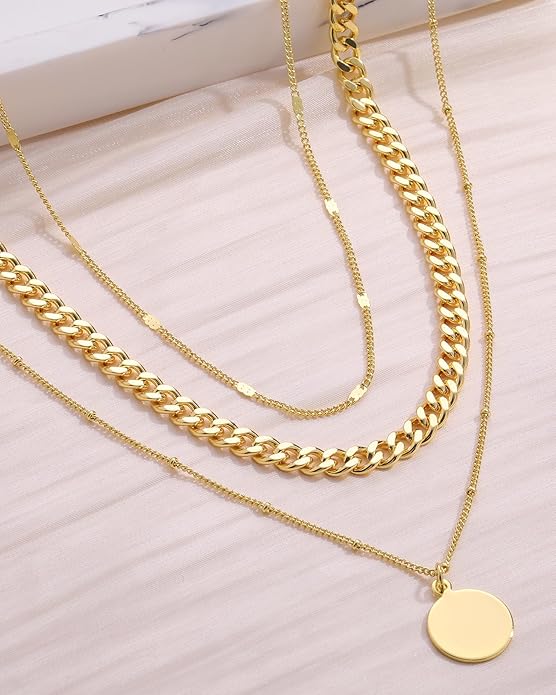 Layered Gold Silver Necklace for Women Non Tarnish,Dainty Choker Statement Chunky Necklace Stack Charm Pendant Chain Necklace Set 14K Gold Plated Long Stacked Womens Necklaces Trendy Jewelry Gift