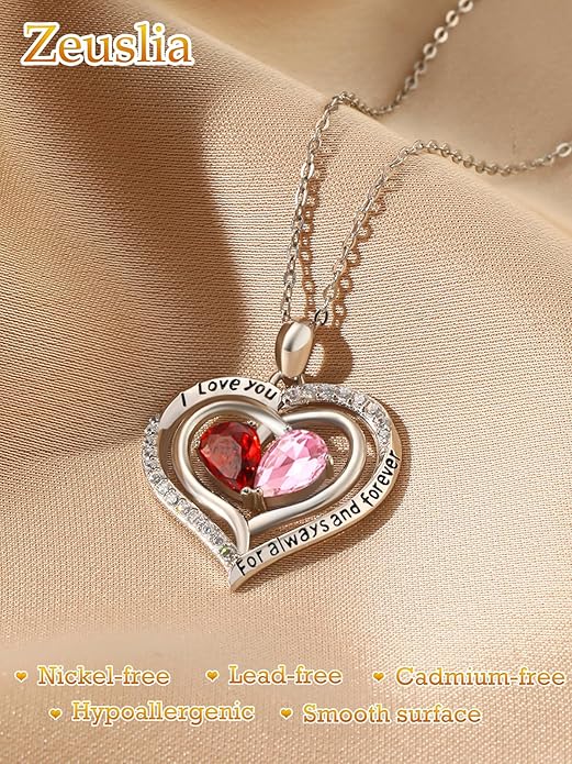 Zeuslia Double Birthstone Necklace Gifts for Wife - 925 Sterling Silver Sunflower/Rose/Crown Cross/Compass/Heart Pendant I Love You Necklace, Anniversary Birthday Gifts for Wife Girlfriend Mom Her