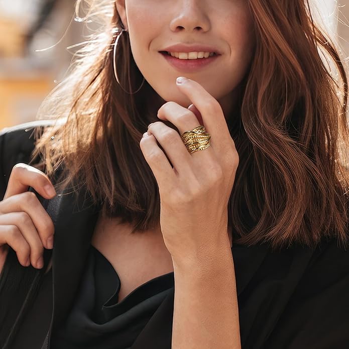 Wide Band Rings Twisted Rope Ring Two-Tone Mixed Metal Braided Statement Rings Fashion Jewelry for Women