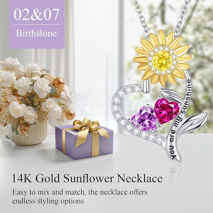 PERJI Valentine's Day Gifts for Women - 925 Sterling Silver Double Birthstone Sunflower Necklace, Anniversary Birthday Jewelry You are My Sunshine Gifts for Wife Couple Girlfriend 18"+2" Non Tarnish