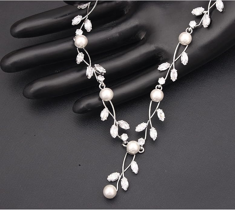 Luxury Cubic Zirconia Aurtrian Crystal Pearl Floral Necklace Dangle Earrings Wedding Bridal Jewelry Set Birthday Gifts for Her